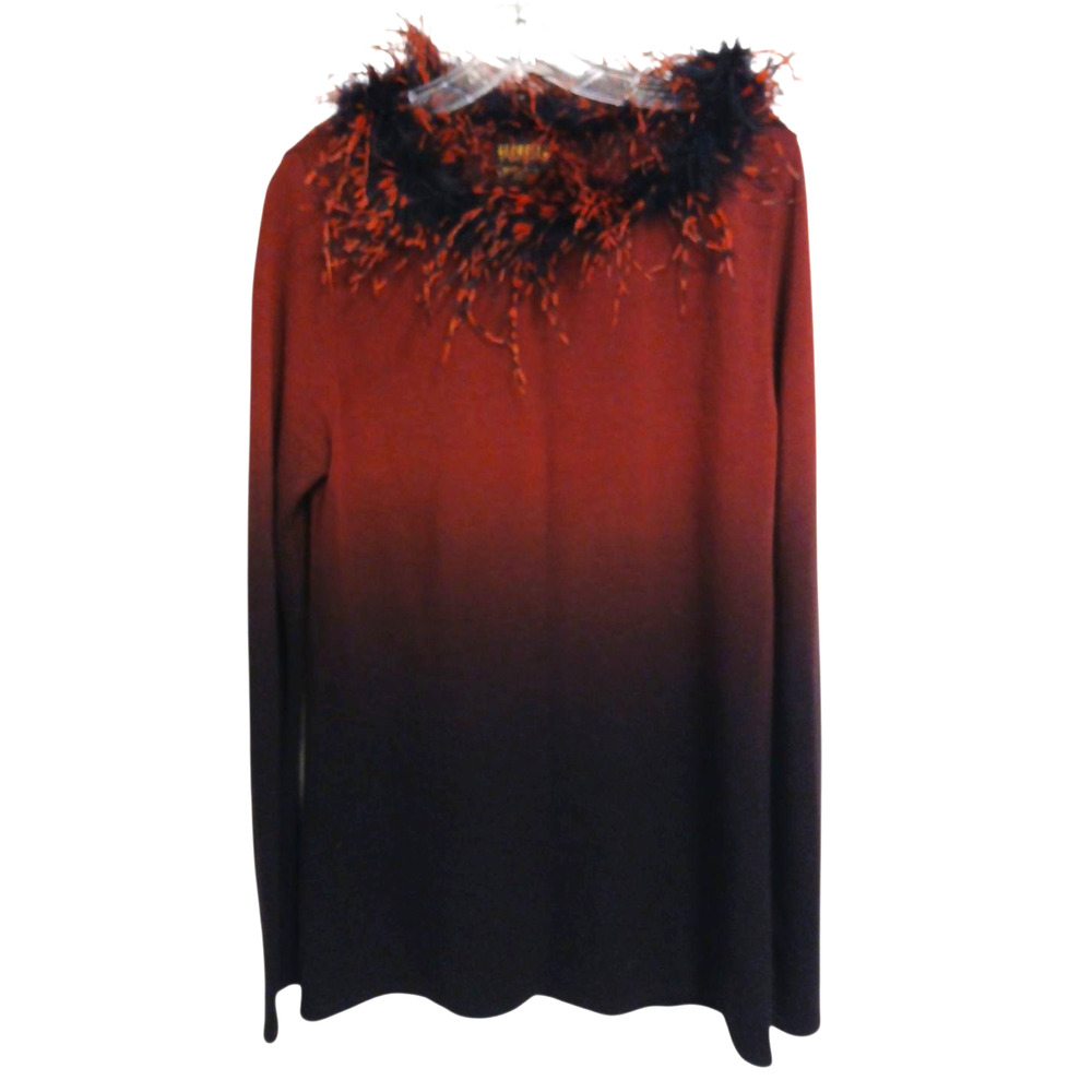 Y2K Georgiou Studio Long Sleeve Sweater FEATHER Sz L Ombre Red Black Party Glam‎